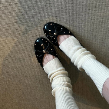 Xajzpa New Women Flat Shoes Autumn Round Toe Shallow Mouth Patent Leather Butterfly Knot Rivet Casual Shoes Soft Sole Single Shoes